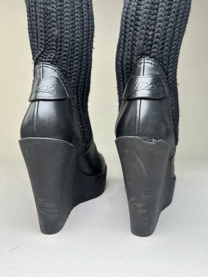 Vintage Gucci Leather Knit Ankle Boots Black Gold EU37