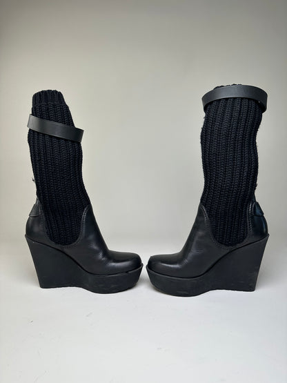 Vintage Gucci Leather Knit Ankle Boots Black Gold EU37