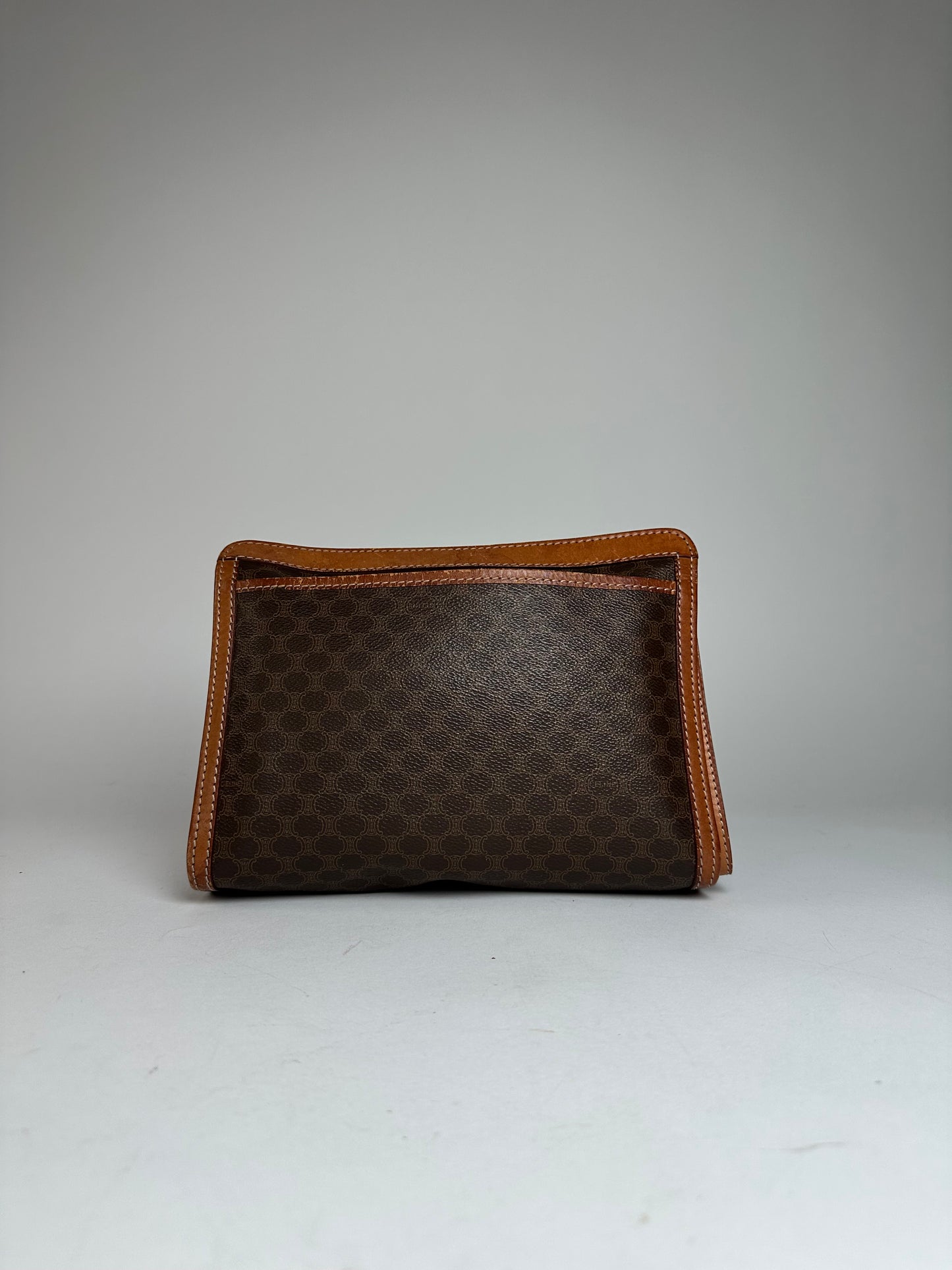 Vintage Celine Paris Triomphe Monogram Leather Clutch Brown