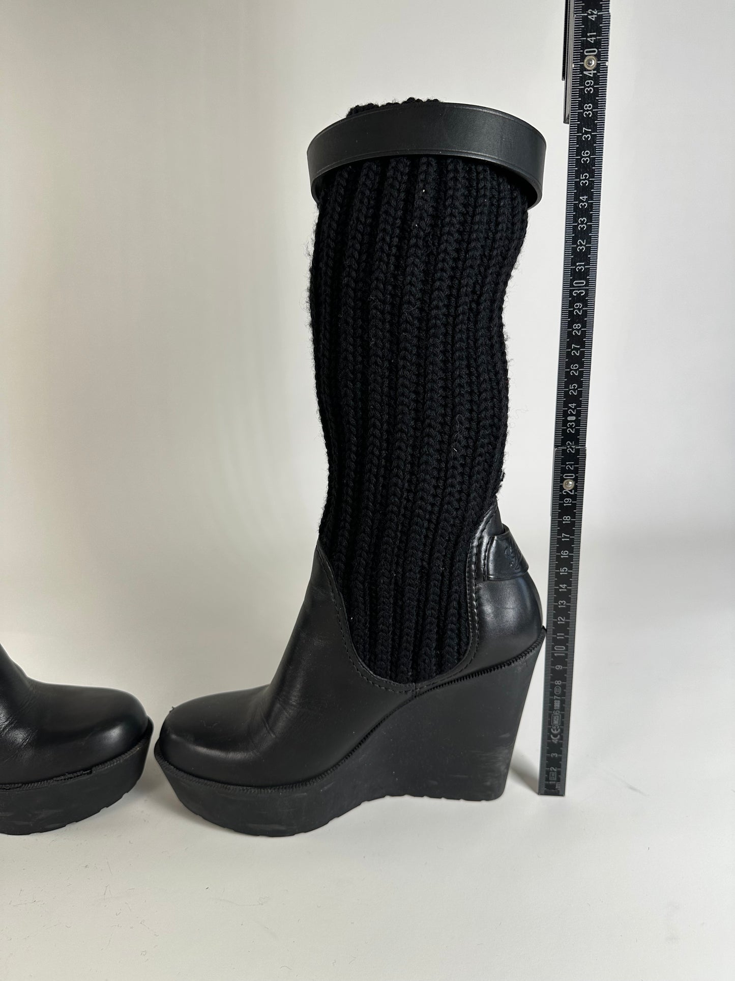 Vintage Gucci Leather Knit Ankle Boots Black Gold EU37