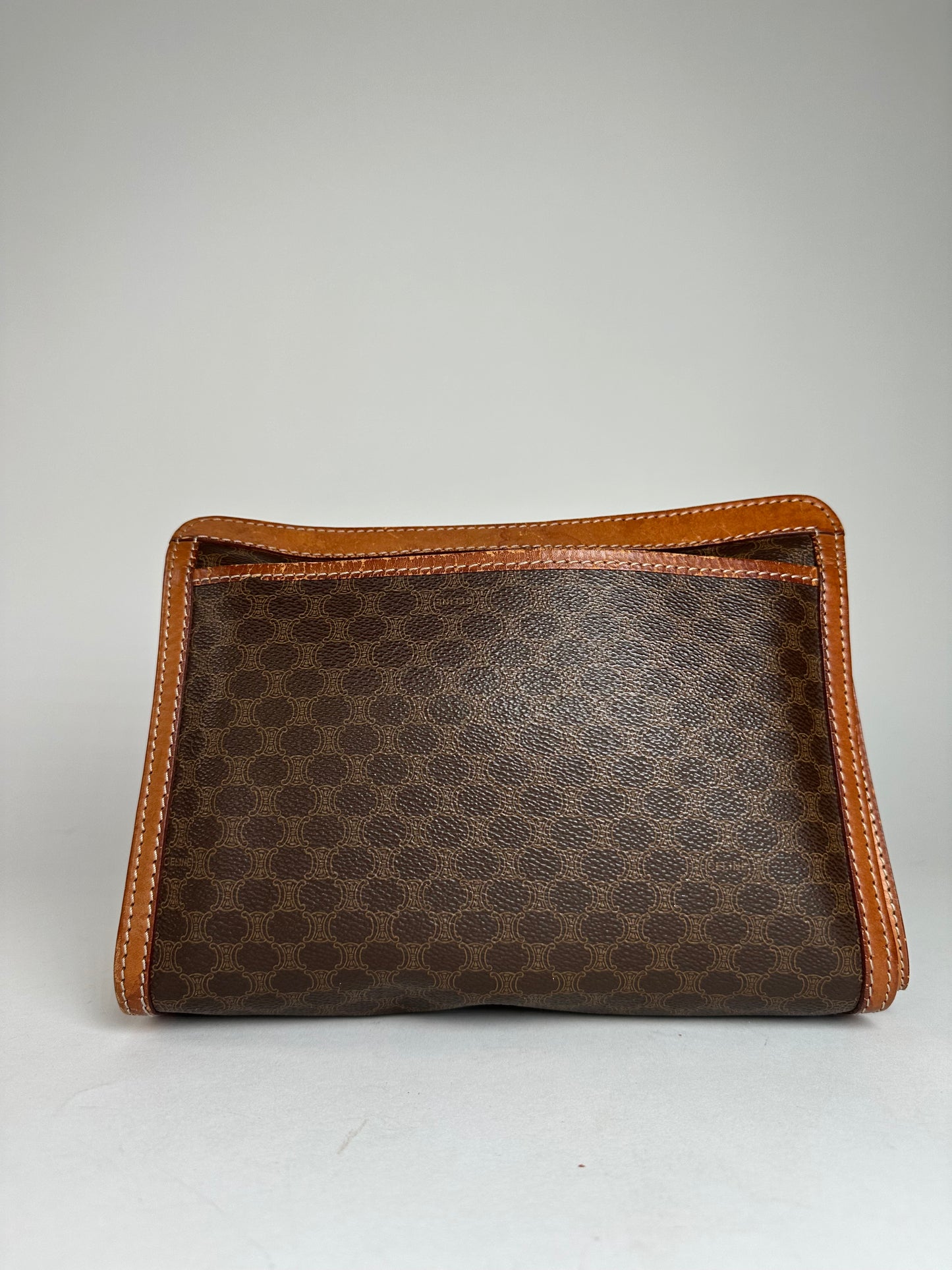 Vintage Celine Paris Triomphe Monogram Leather Clutch Brown