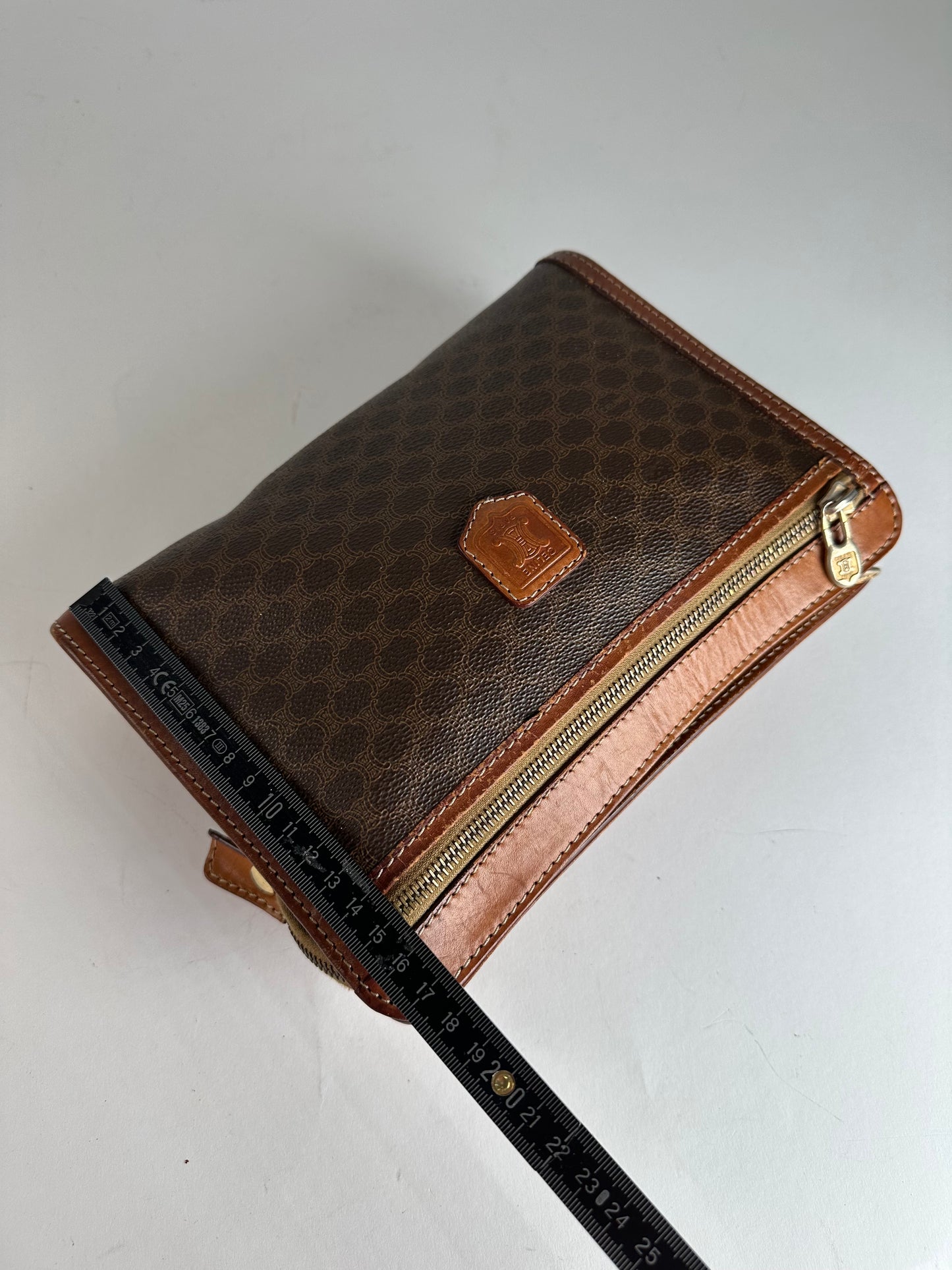 Vintage Celine Paris Triomphe Monogram Leather Clutch Brown