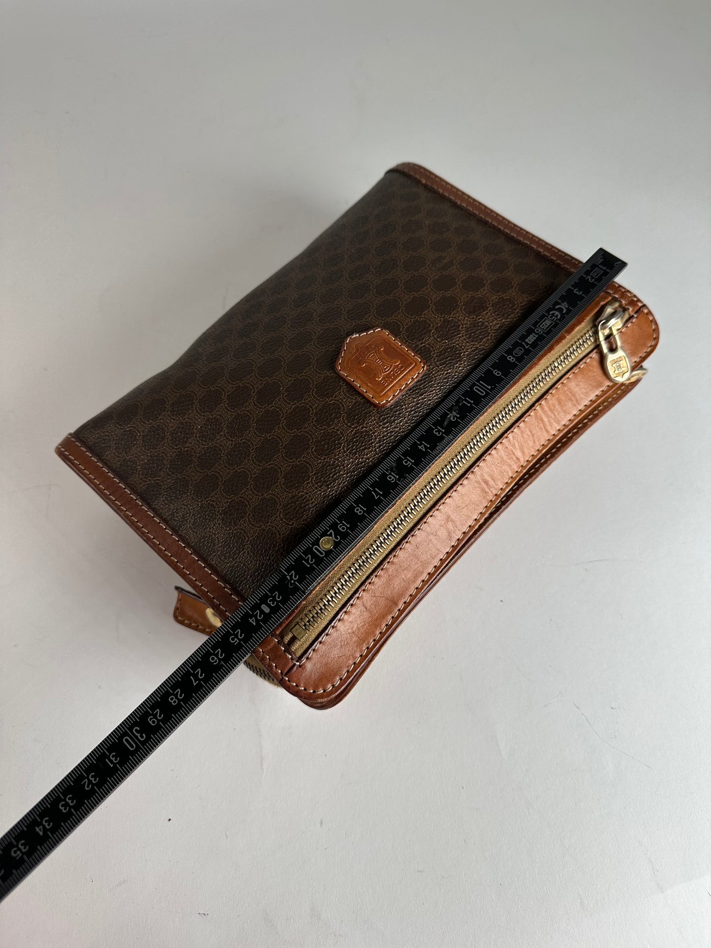 Vintage Celine Paris Triomphe Monogram Leather Clutch Brown