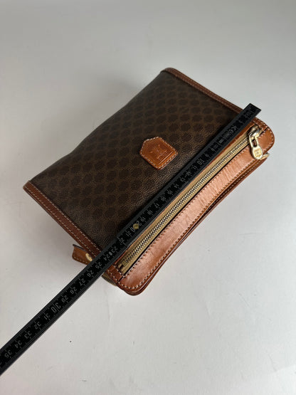 Vintage Celine Paris Triomphe Monogram Leather Clutch Brown