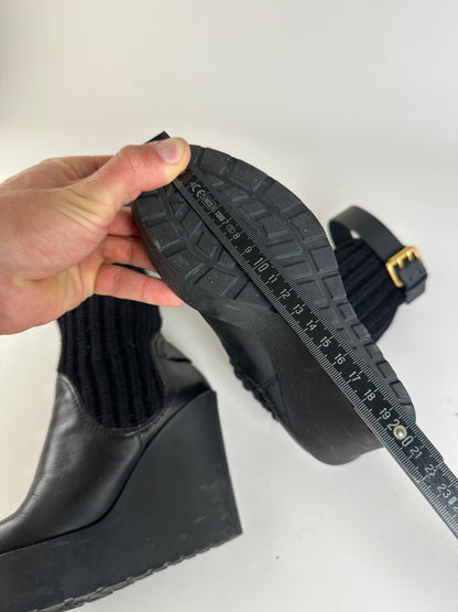 Vintage Gucci Leather Knit Ankle Boots Black Gold EU37