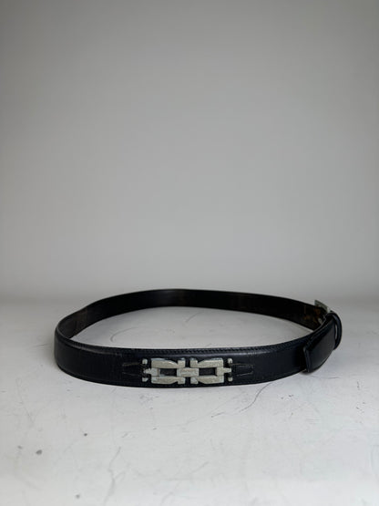 Vintage Salvatore Ferragamo Leather Belt Black Silver Buckle