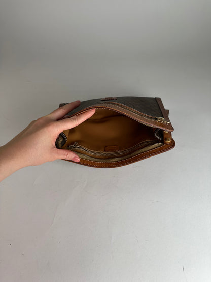 Vintage Celine Paris Triomphe Monogram Leather Clutch Brown