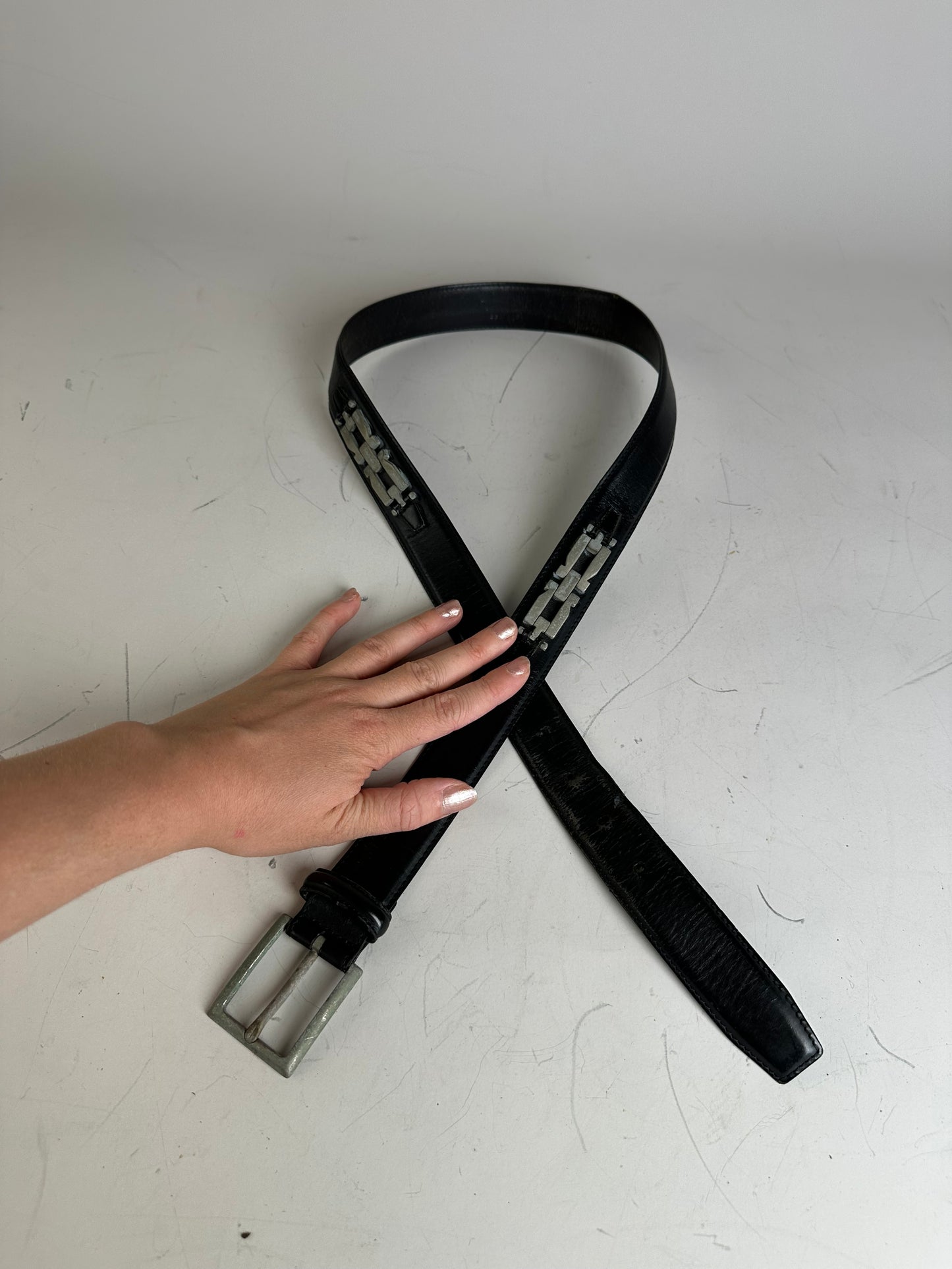 Vintage Salvatore Ferragamo Leather Belt Black Silver Buckle