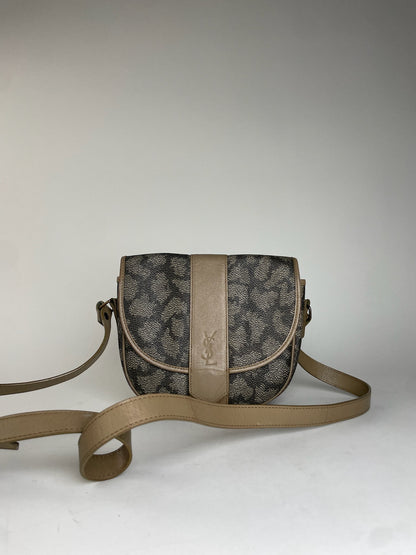 Vintage Yves Saint Laurent Stone Emblossed Leather Shoulder Bag Grey Black Brown