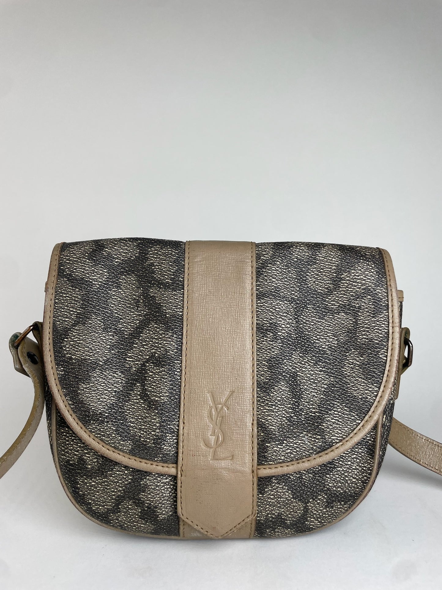 Vintage Yves Saint Laurent Stone Emblossed Leather Shoulder Bag Grey Black Brown