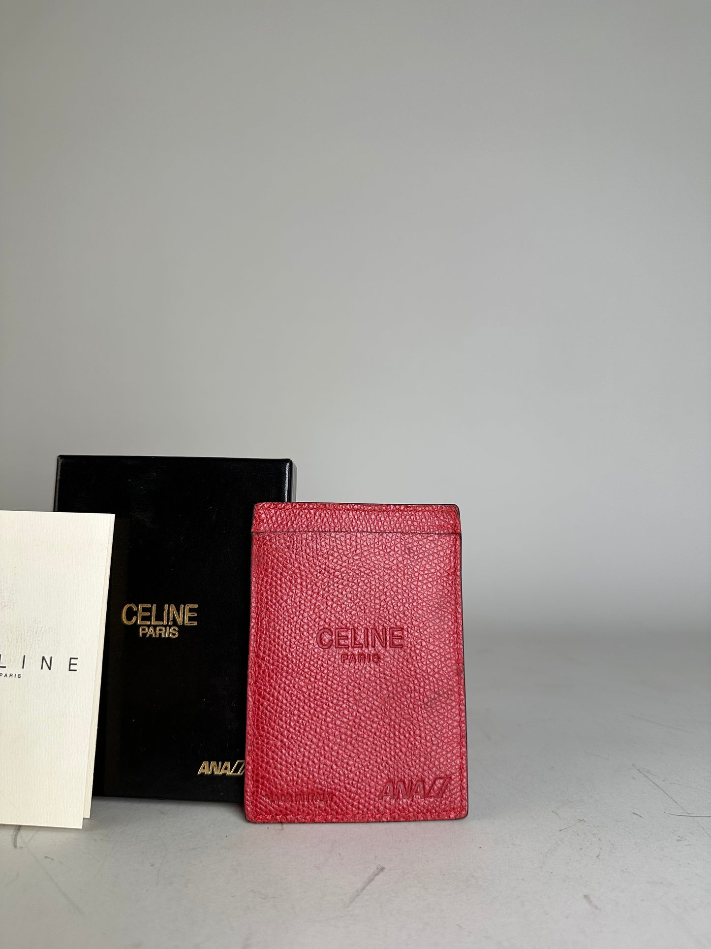 Vintage Celine Grained Leather Card Holder Red Gold