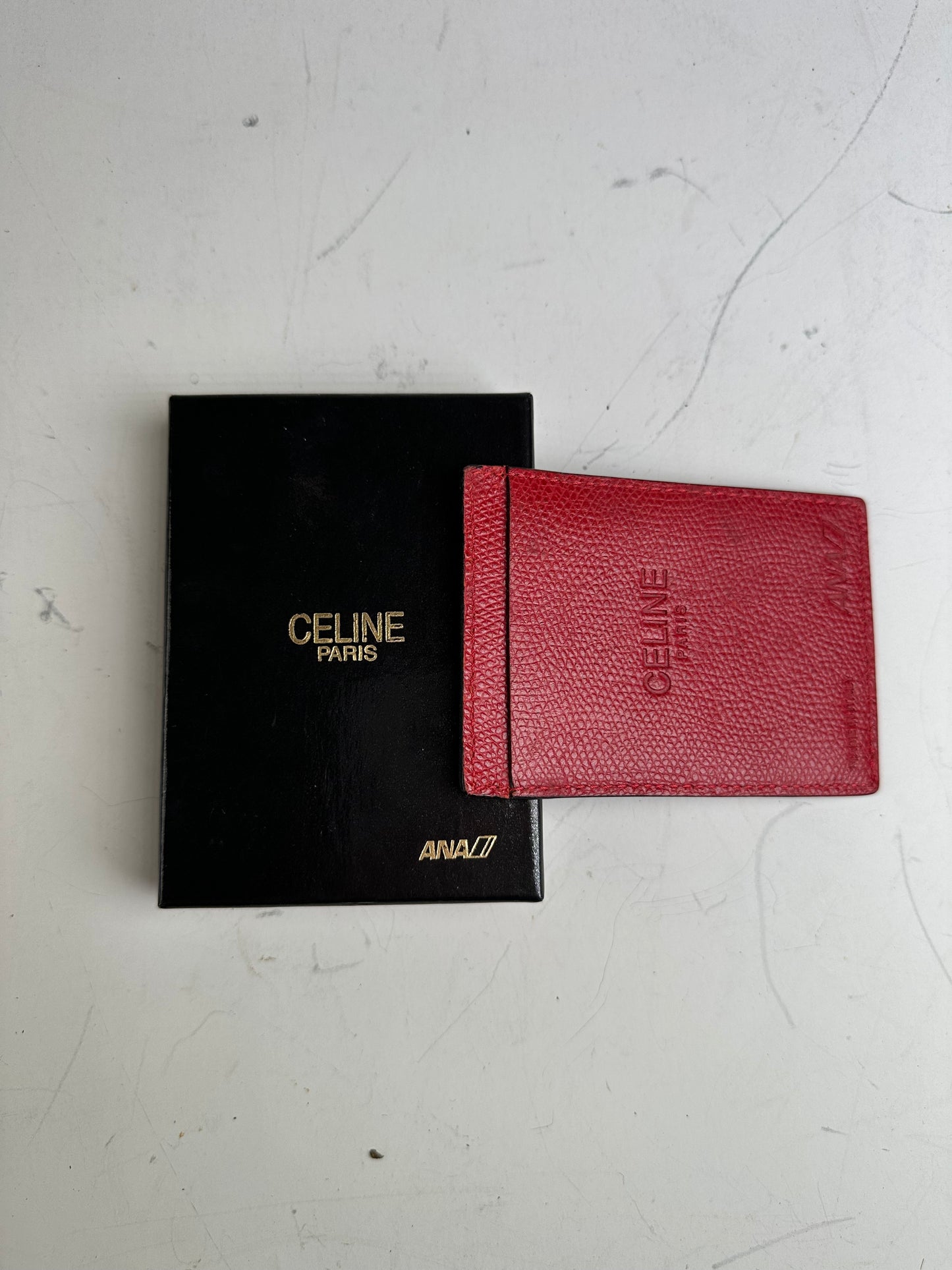 Vintage Celine Grained Leather Card Holder Red Gold
