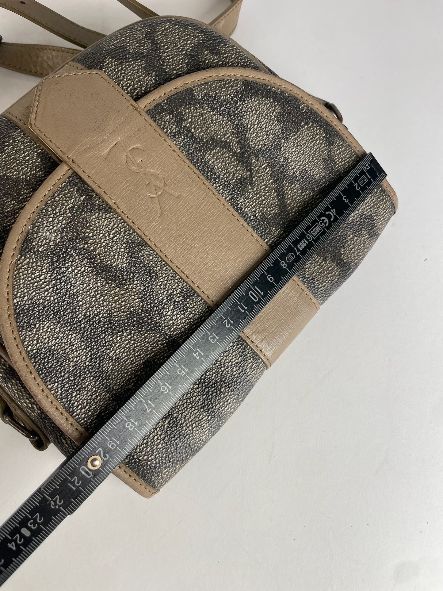 Vintage Yves Saint Laurent Stone Emblossed Leather Shoulder Bag Grey Black Brown