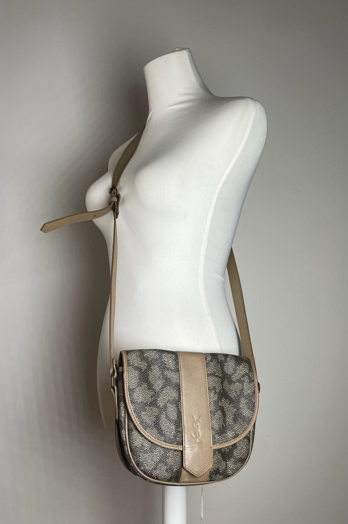 Vintage Yves Saint Laurent Stone Emblossed Leather Shoulder Bag Grey Black Brown