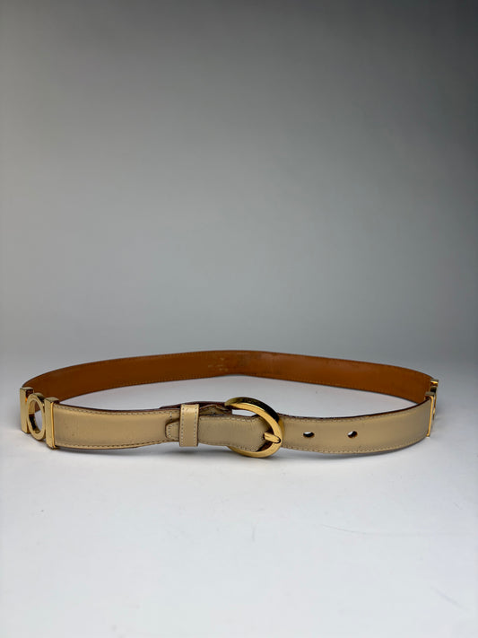 Vintage Salvatore Ferragamo Leather Belt c. Late 1980s Cream Tan Gold