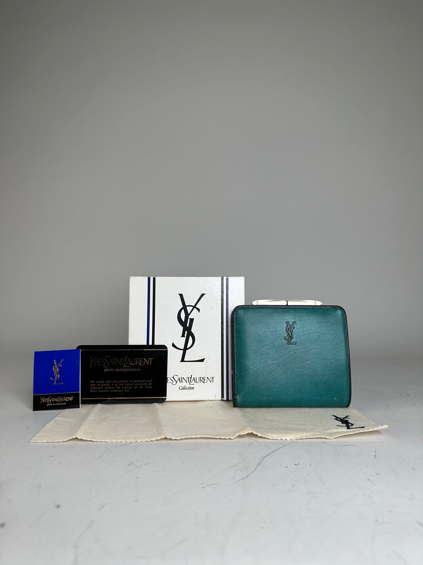 Vintage Yves Saint Laurent Leather Wallet Teal Silver