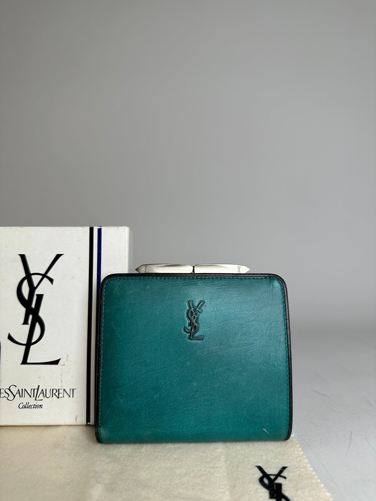 Vintage Yves Saint Laurent Leather Wallet Teal Silver
