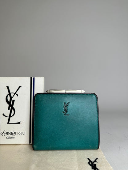 Vintage Yves Saint Laurent Leather Wallet Teal Silver