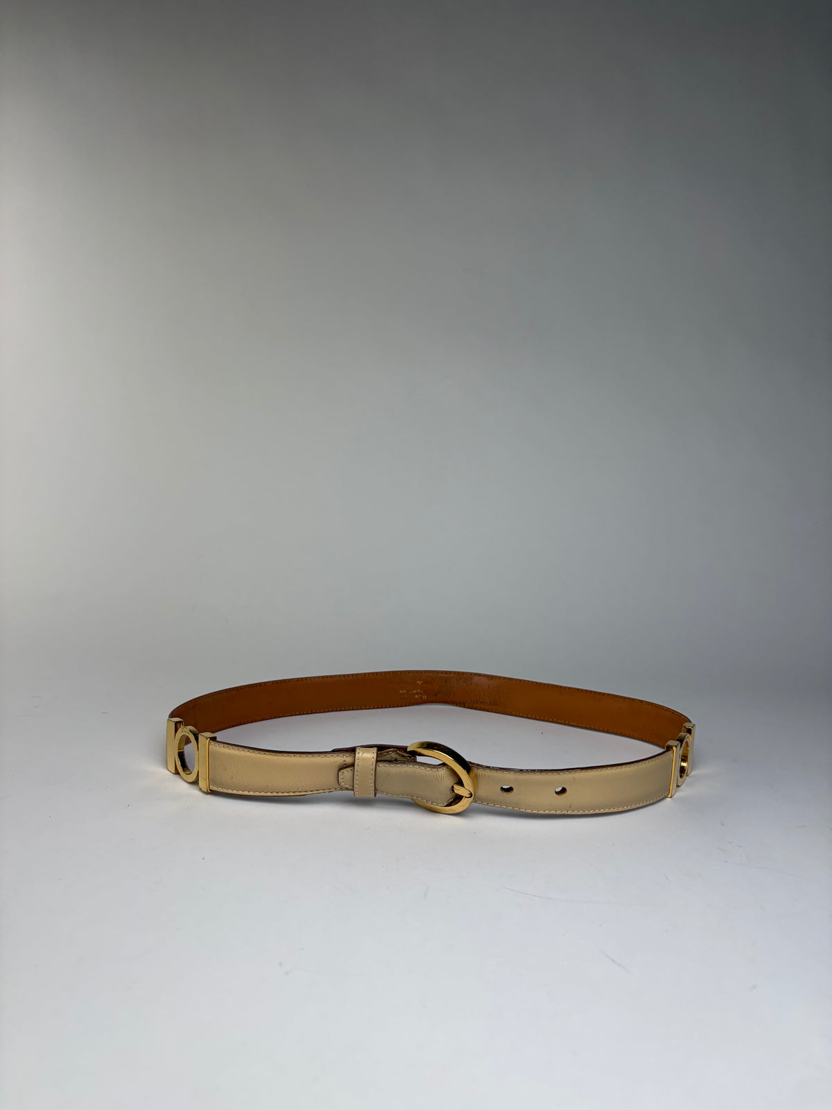 Vintage Salvatore Ferragamo Leather Belt c. Late 1980s Cream Tan Gold