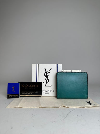 Vintage Yves Saint Laurent Leather Wallet Teal Silver