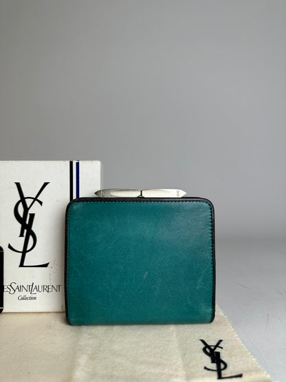 Vintage Yves Saint Laurent Leather Wallet Teal Silver