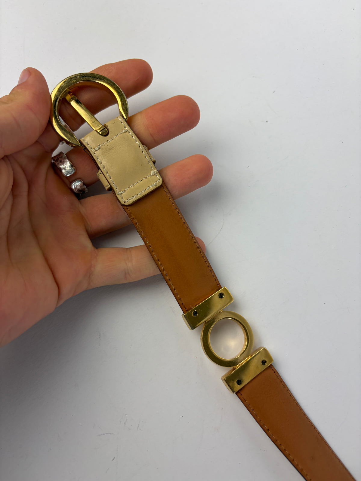 Vintage Salvatore Ferragamo Leather Belt c. Late 1980s Cream Tan Gold