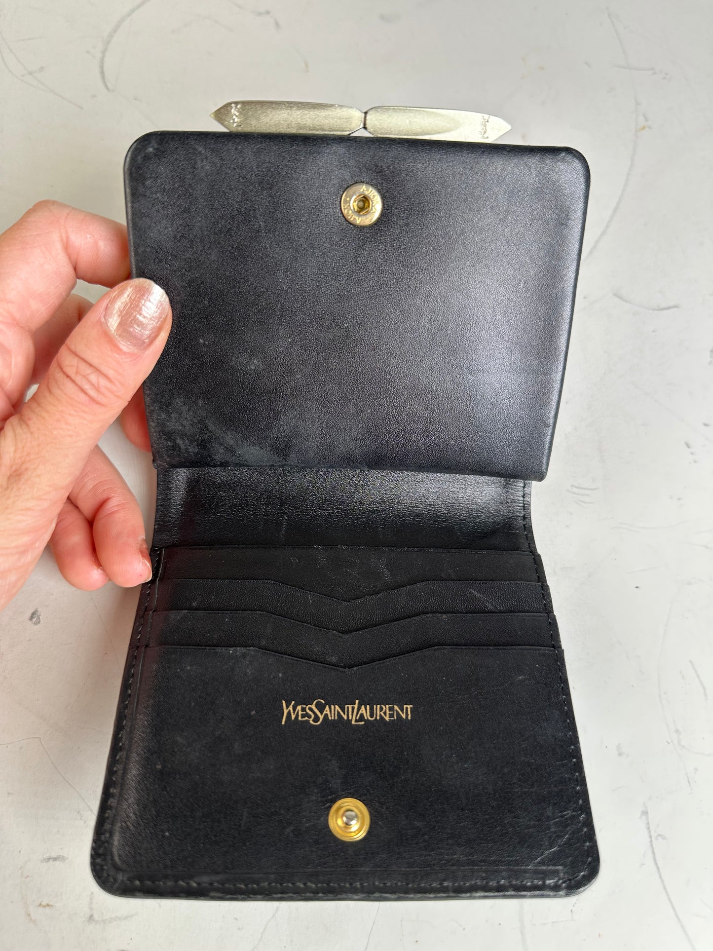 Vintage Yves Saint Laurent Leather Wallet Teal Silver