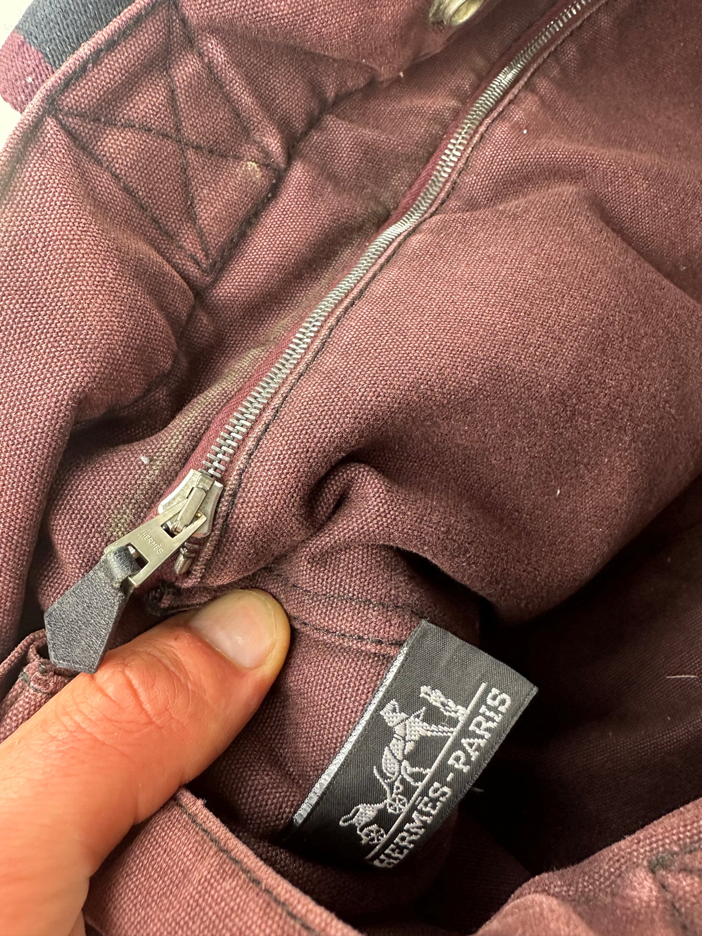 Vintage Hermes Cotton Tote Bag Burgundy Black Silver