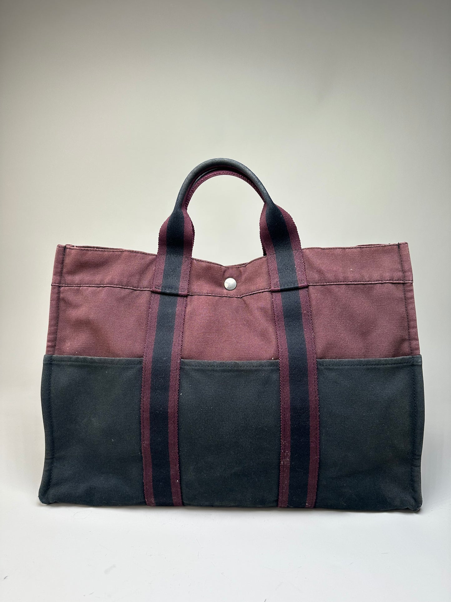 Vintage Hermes Cotton Tote Bag Burgundy Black Silver