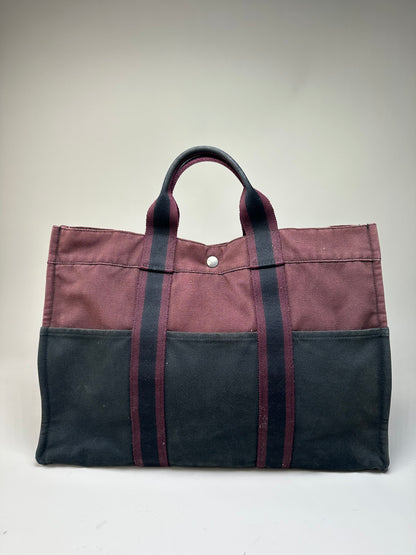 Vintage Hermes Cotton Tote Bag Burgundy Black Silver