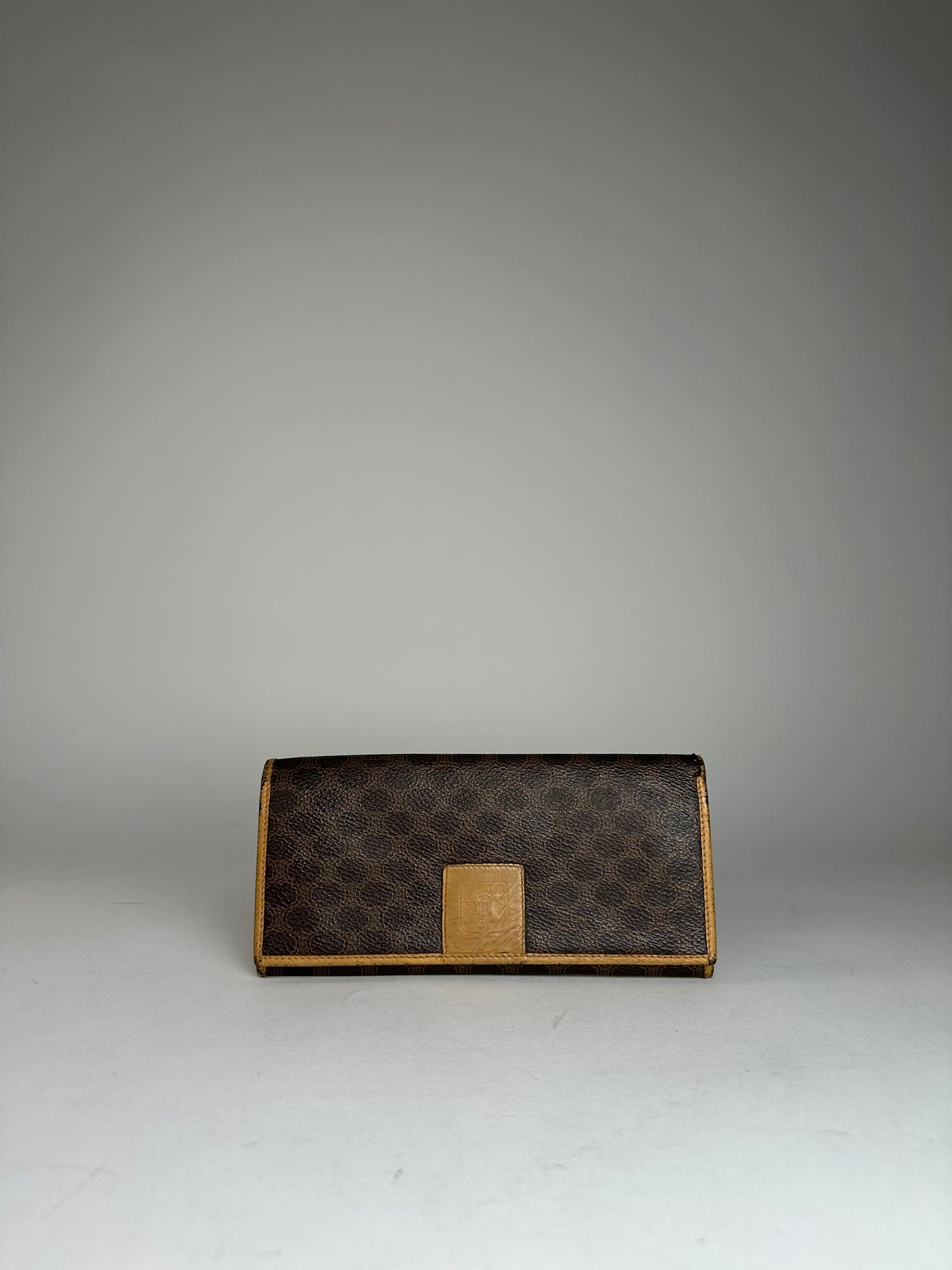 Vintage Celine Paris Triomphe Monogram Leather Long Wallet Brown