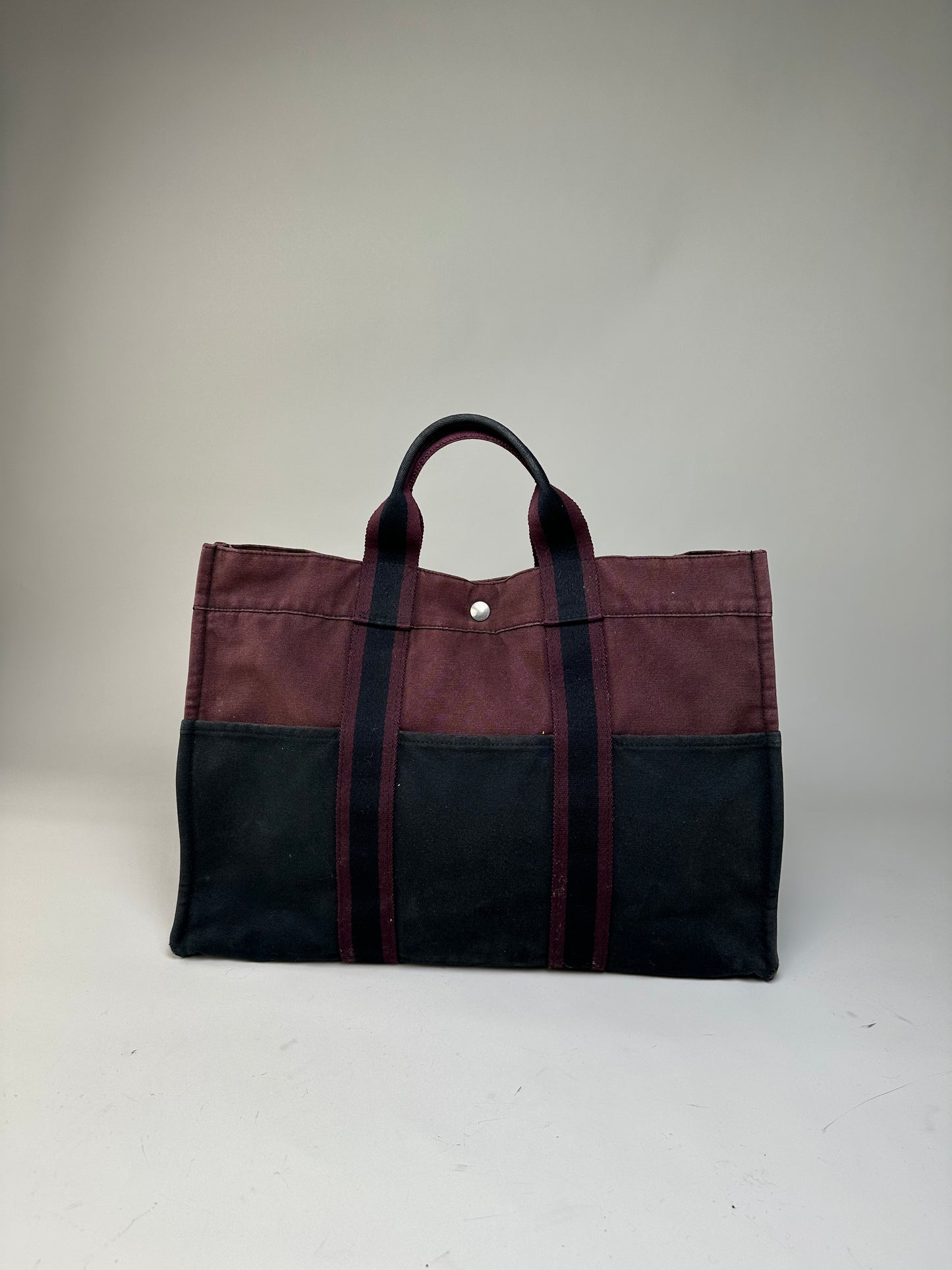 Vintage Hermes Cotton Tote Bag Burgundy Black Silver