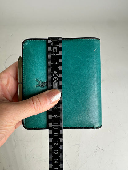 Vintage Yves Saint Laurent Leather Wallet Teal Silver
