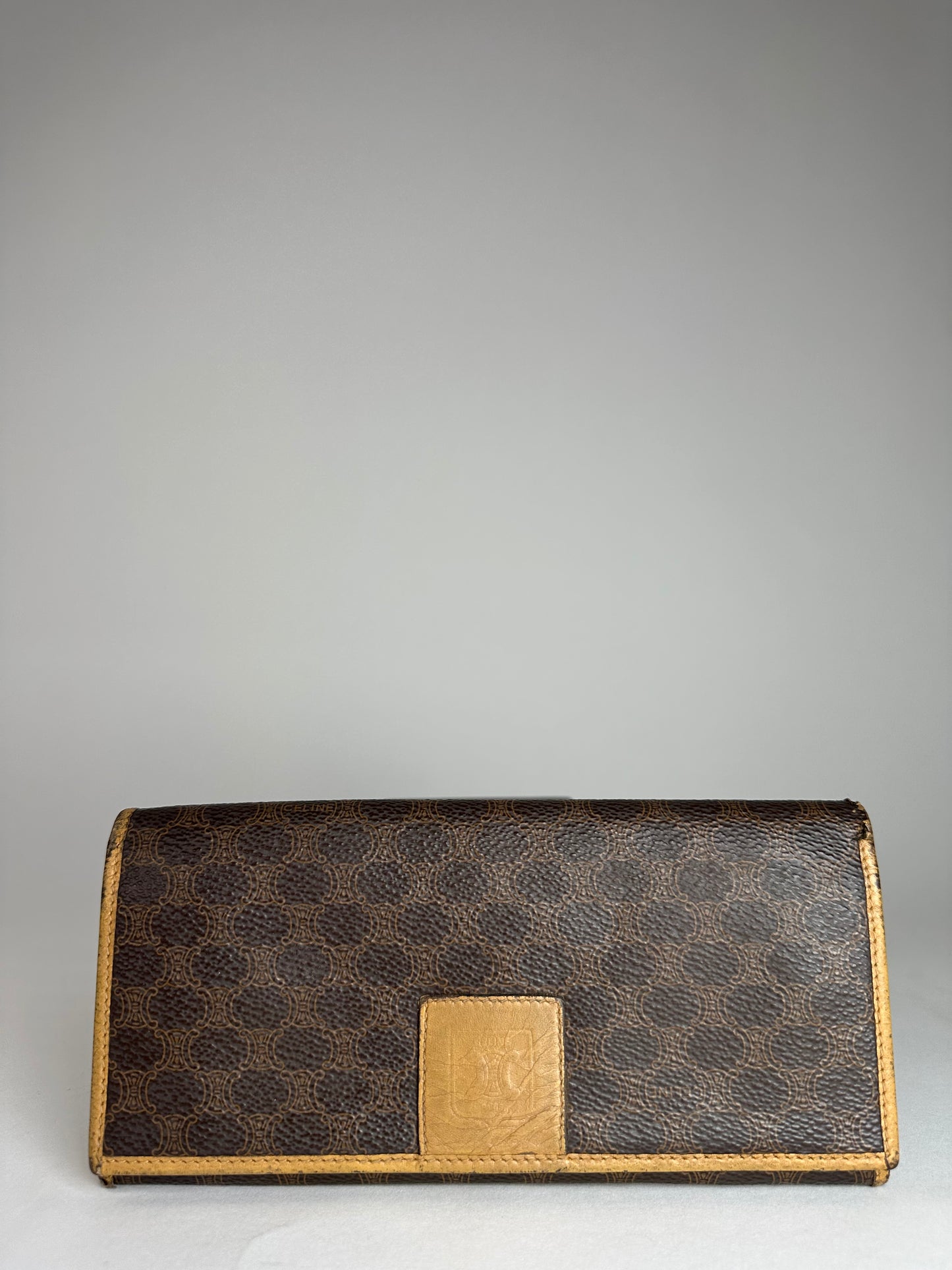 Vintage Celine Paris Triomphe Monogram Leather Long Wallet Brown