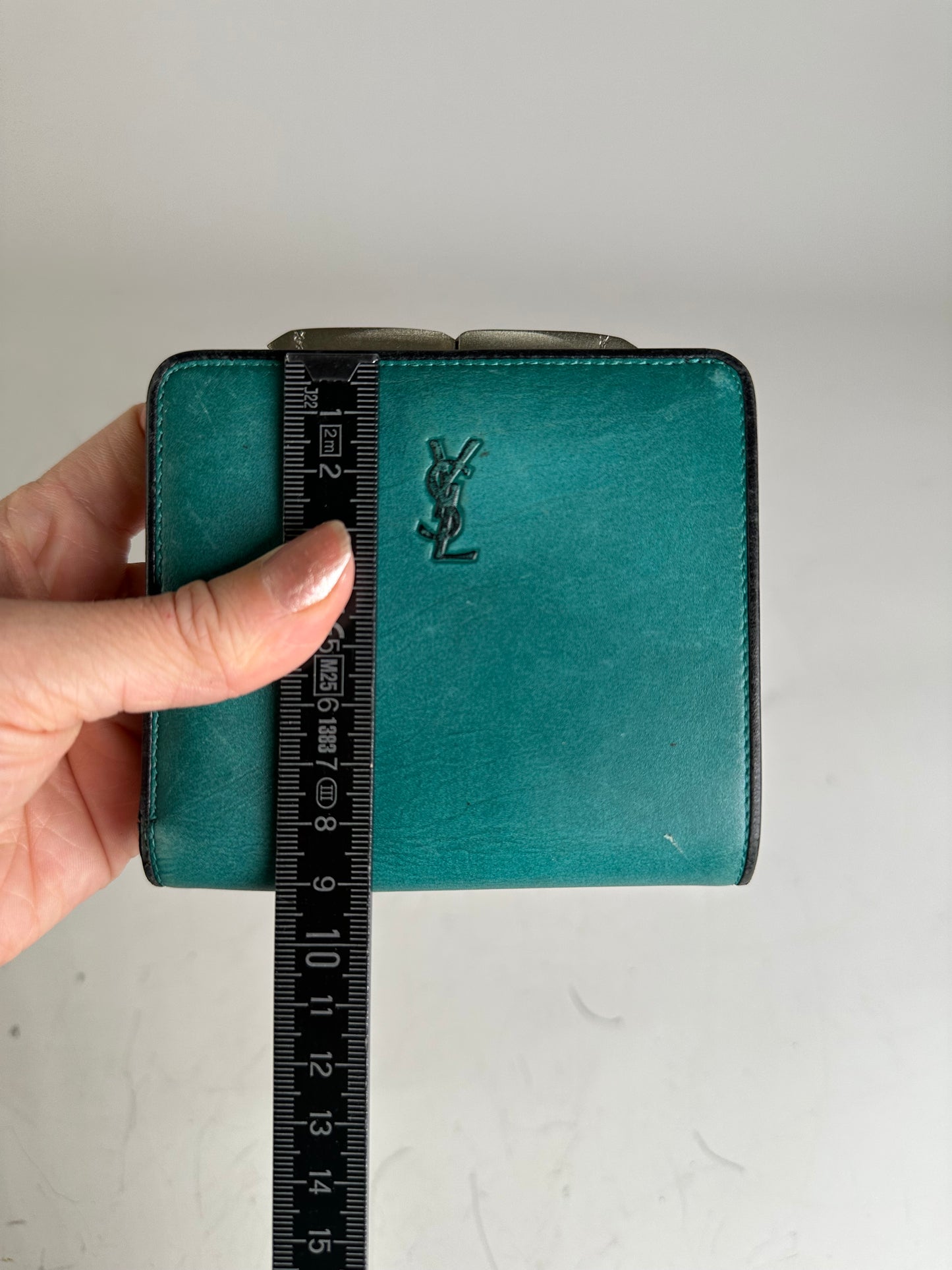 Vintage Yves Saint Laurent Leather Wallet Teal Silver
