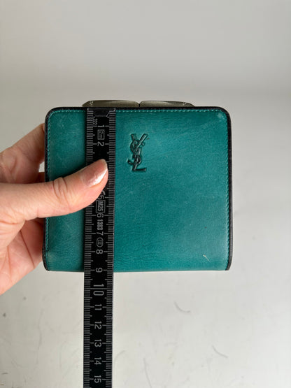 Vintage Yves Saint Laurent Leather Wallet Teal Silver