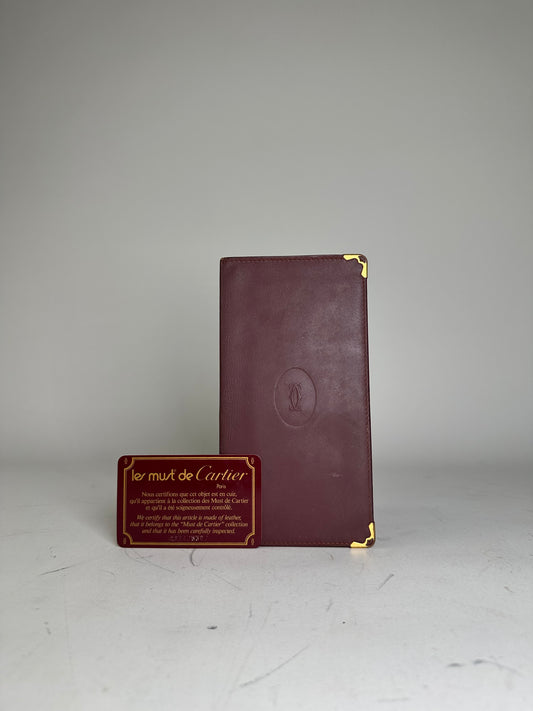 Vintage Cartier Leather Long Wallet Burgundy Gold
