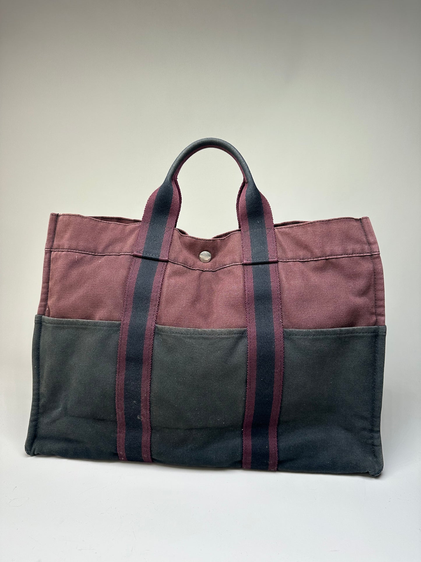 Vintage Hermes Cotton Tote Bag Burgundy Black Silver