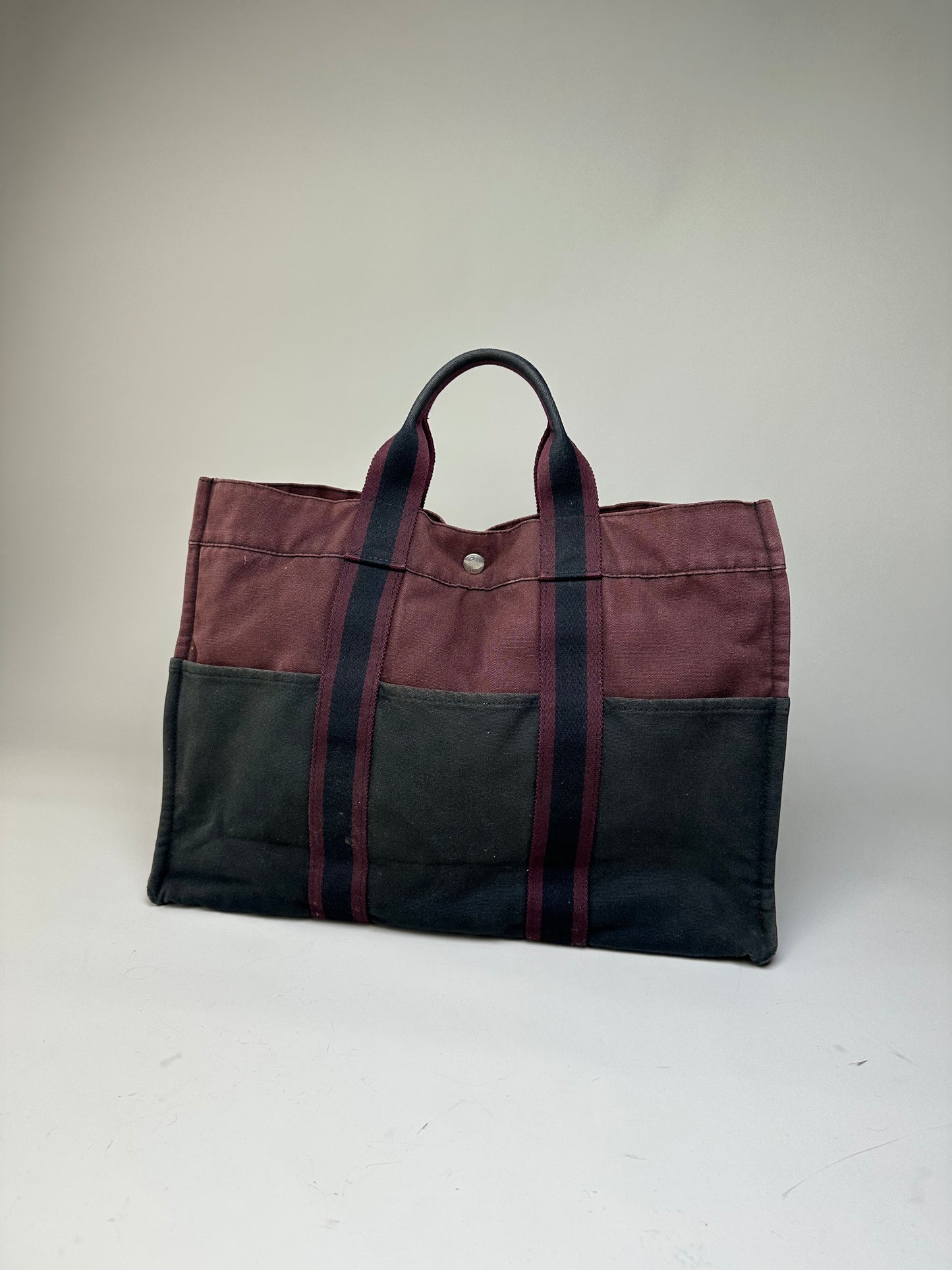 Vintage Hermes Cotton Tote Bag Burgundy Black Silver