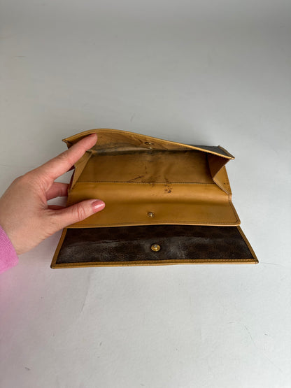 Vintage Celine Paris Triomphe Monogram Leather Long Wallet Brown