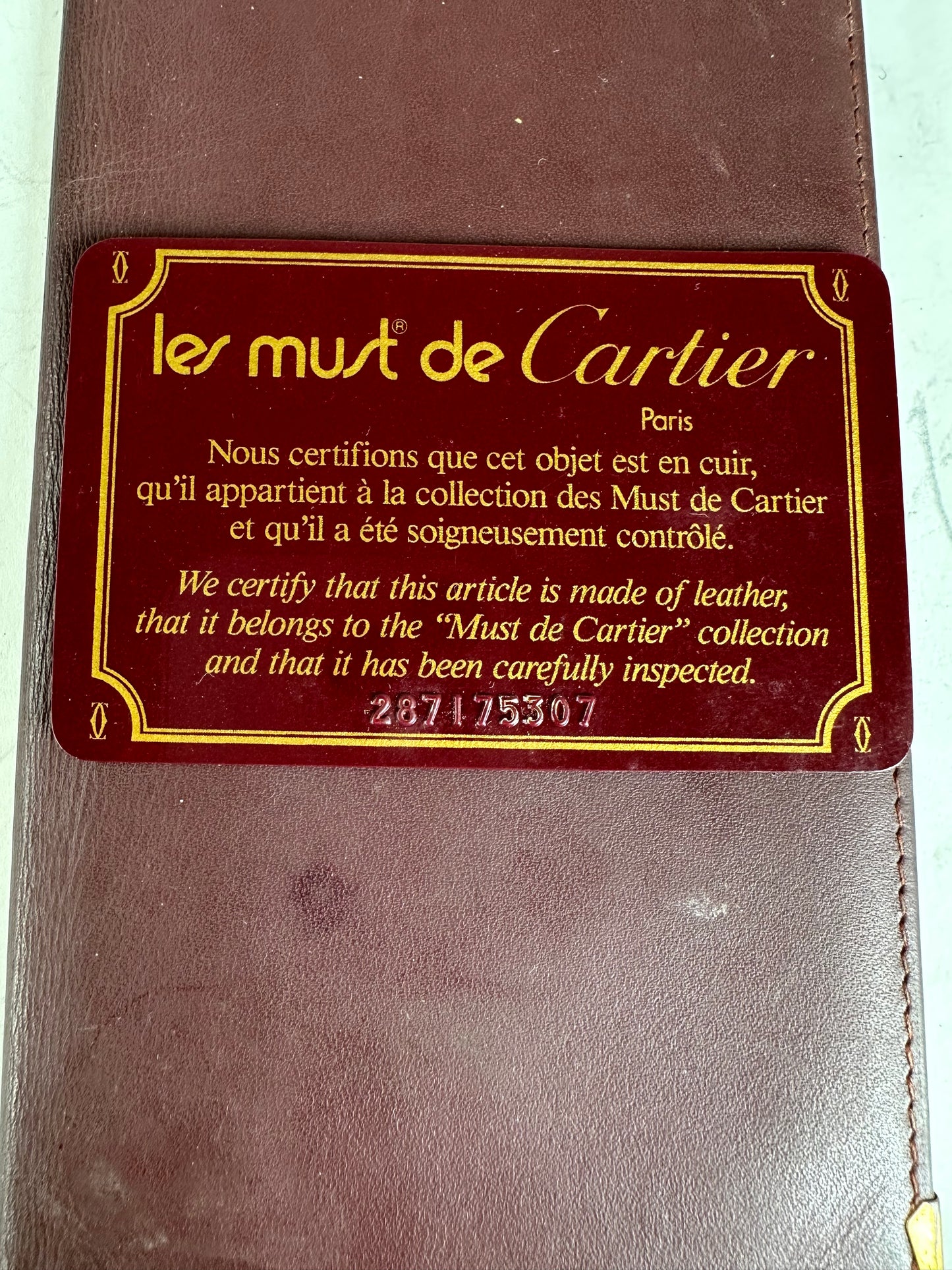 Vintage Cartier Leather Long Wallet Burgundy Gold