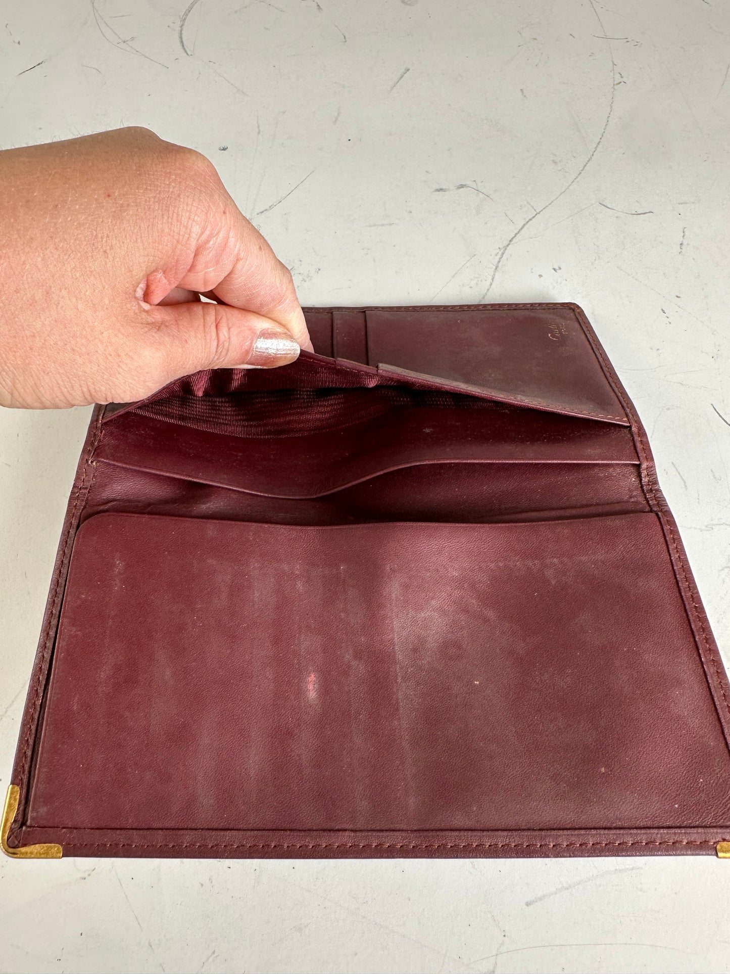 Vintage Cartier Leather Long Wallet Burgundy Gold