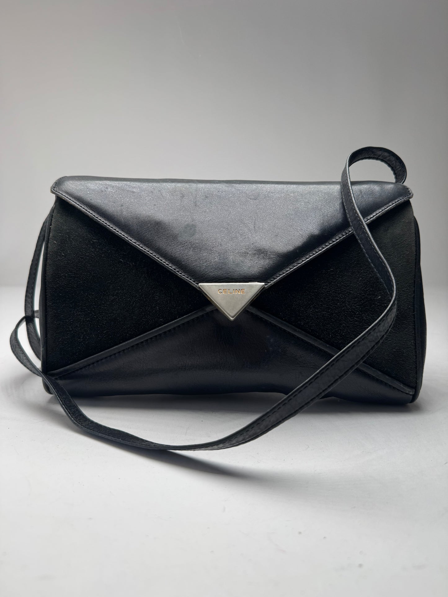 Vintage Celine Paris Triomphe Suede Leather Bag Marine Black