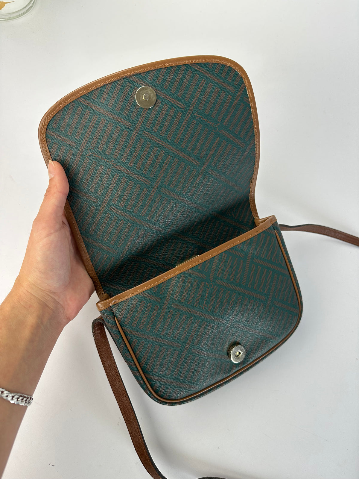 Vintage Givenchy 4G Monogram Flap Crossbody Bag Late 1970s Green Brown