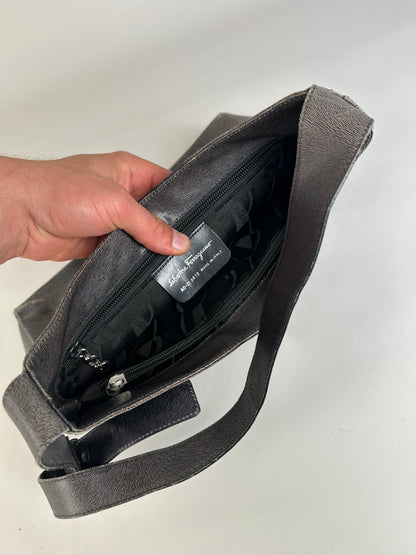 Vintage Ferragamo Leather Shoulder Bag Black Silver c. 2000