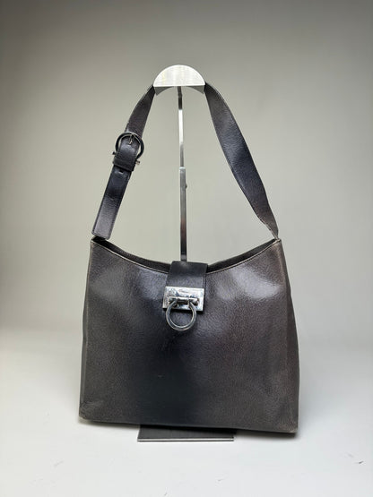 Vintage Ferragamo Leather Shoulder Bag Black Silver c. 2000