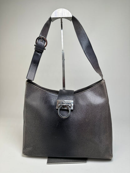 Vintage Ferragamo Leather Shoulder Bag Black Silver c. 2000