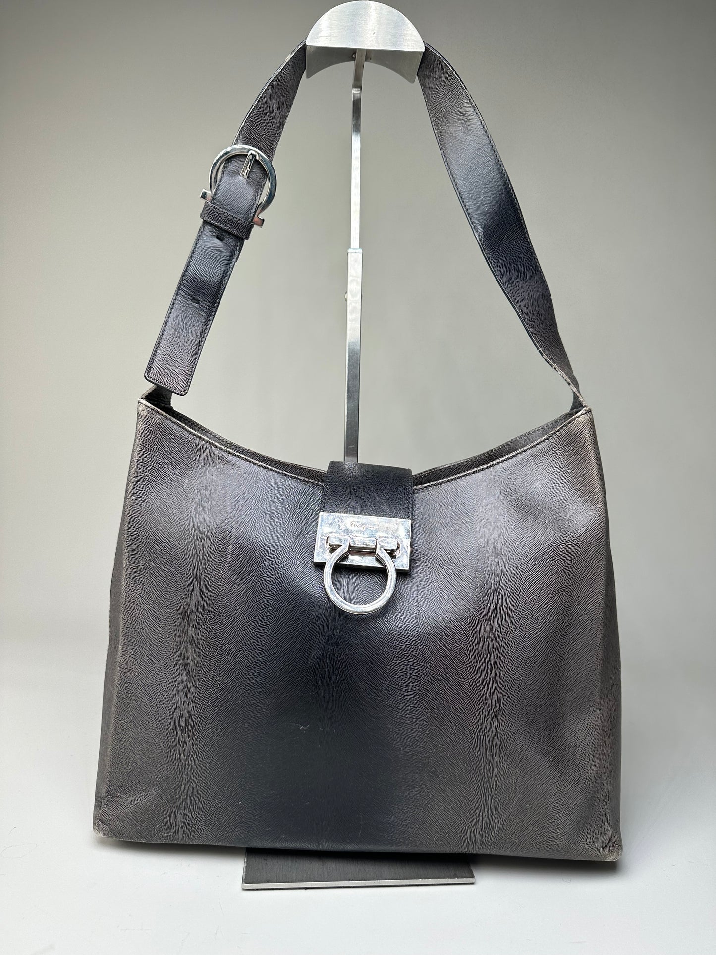 Vintage Ferragamo Leather Shoulder Bag Black Silver c. 2000
