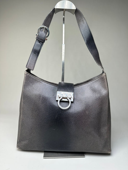 Vintage Ferragamo Leather Shoulder Bag Black Silver c. 2000