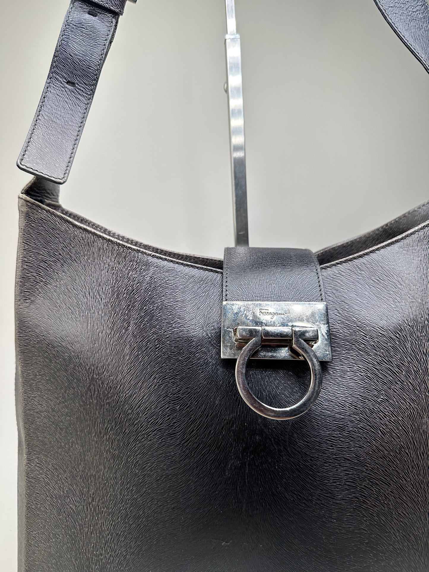 Vintage Ferragamo Leather Shoulder Bag Black Silver c. 2000